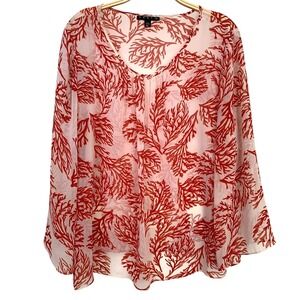 Vesti Coral Chiffon Blouse XL Tropical Vacation Sheer Bell Sleeve Resort Top